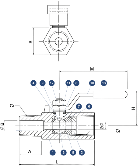 104R Ball Valve: 1-Piece Reduced Port Schematic Diagram