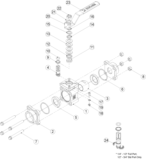 334F Ball Valve: 3-piece Standard and Full Port Schematic Diagram