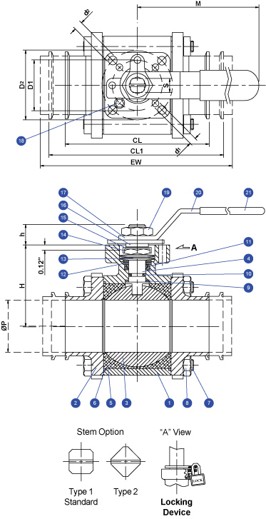 337F Sanitary Ball Valve: 3-Piece Tube Full Port Schematic Diagram