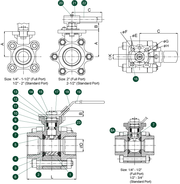 384 Ball Valve: 3-Piece Alloy-C Standard and Full Port Schematic Diagram