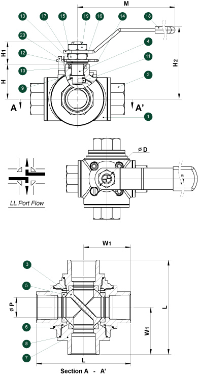 504F Series 4-Way Ball Valve Schematic Diagram