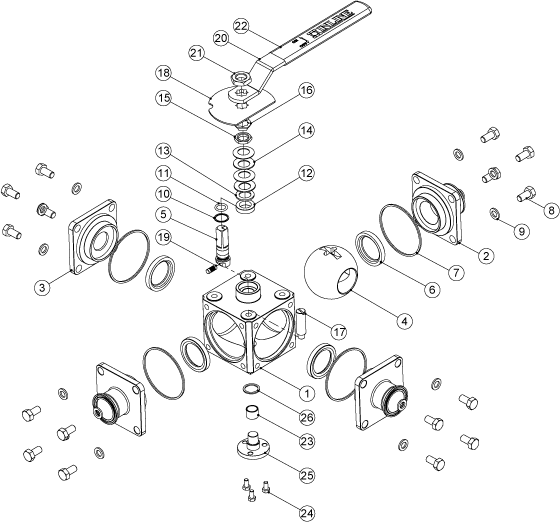507F 3/4/5-Way Sanitary Ball Valve: 1/2in - 2in Schematic Diagram