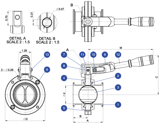 707F Sanitary Butterfly Valve Schematic Diagram