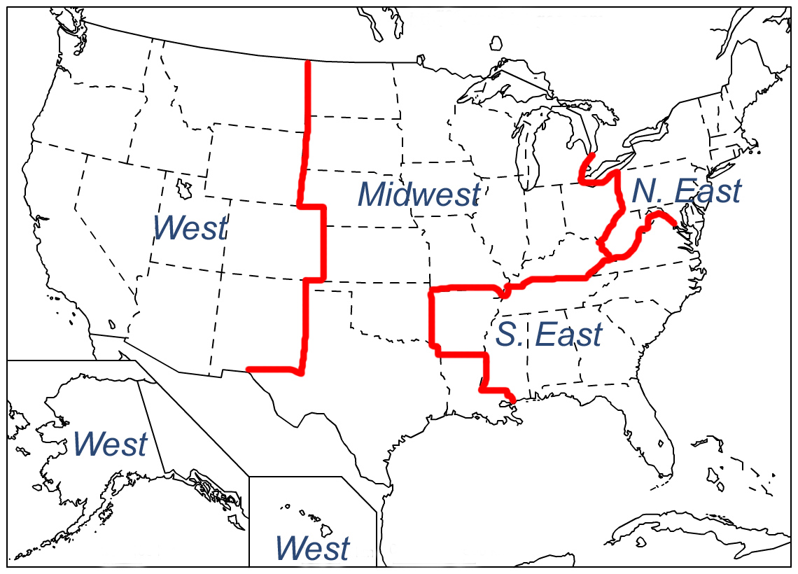 Map of the United States separated into regions.
